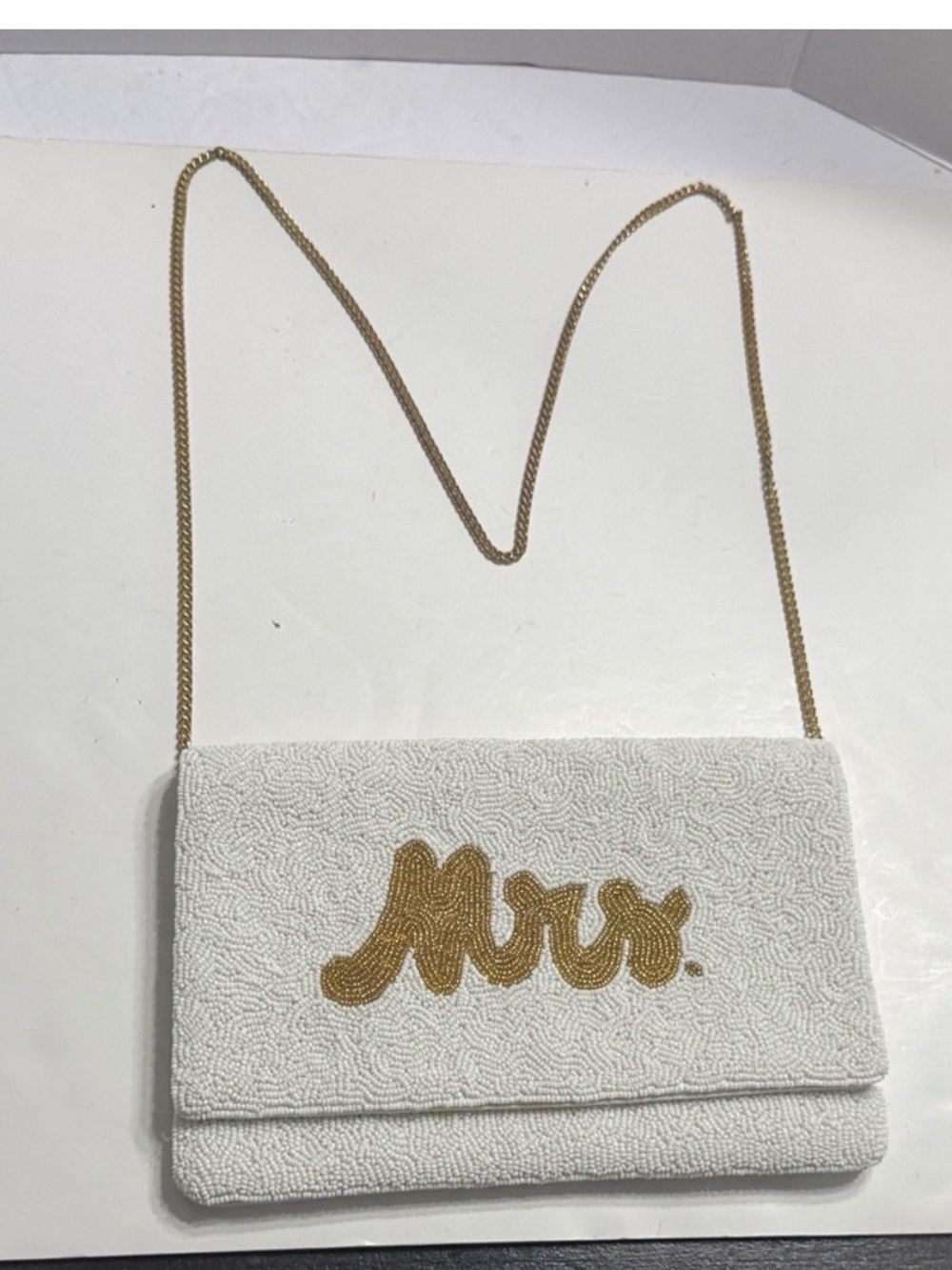 Mrs. Bridal Beaded White Crossbody Bag with Gold Script